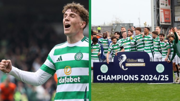Arne Engels celebrates Nicolas Kuhn's goal for Celtic at Dundee United, including the Celtic squad celebrating the 2024/25 Premiership title at Tan...