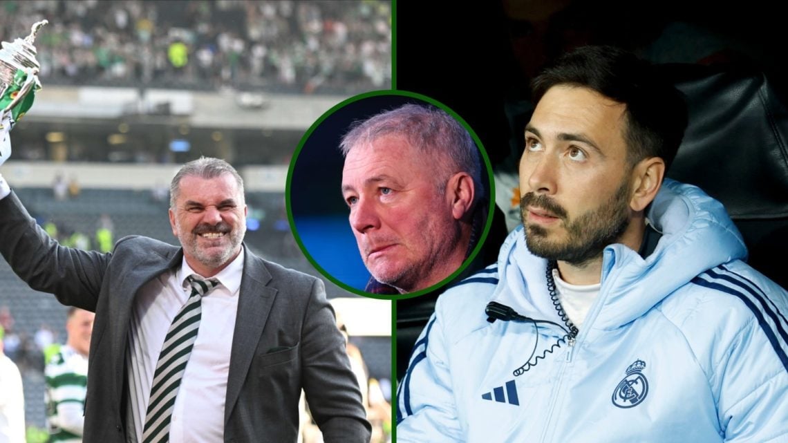 Three-way image of Celtic hero Ange Postecoglou, Real Madrid assistant Davide Ancelotti and an overlay of former Rangers striker Ally McCoist