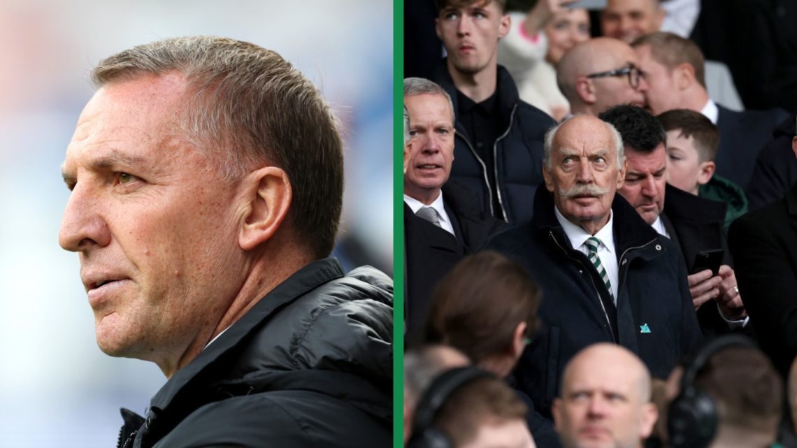 Celtic manager Brendan Rodgers looks on ahead of their match against Rangers, including Celtic's majority shareholder Dermot Desmond in attendance ...
