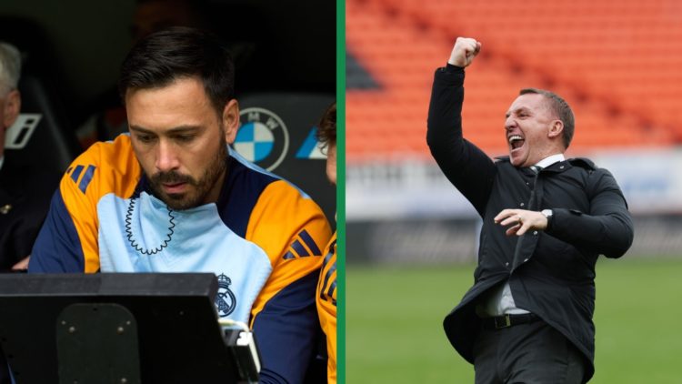 Davide Ancelotti as the assistant manager of Real Madrid against Celta Vigo and Brendan Rodgers celebrating Celtic's Premiership title win at Dunde...