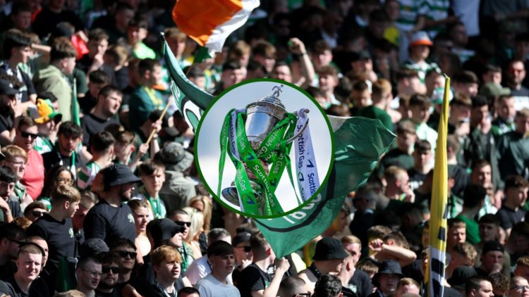 An image of Celtic fans inside Celtic Park with an overlay of the Scottish Cup