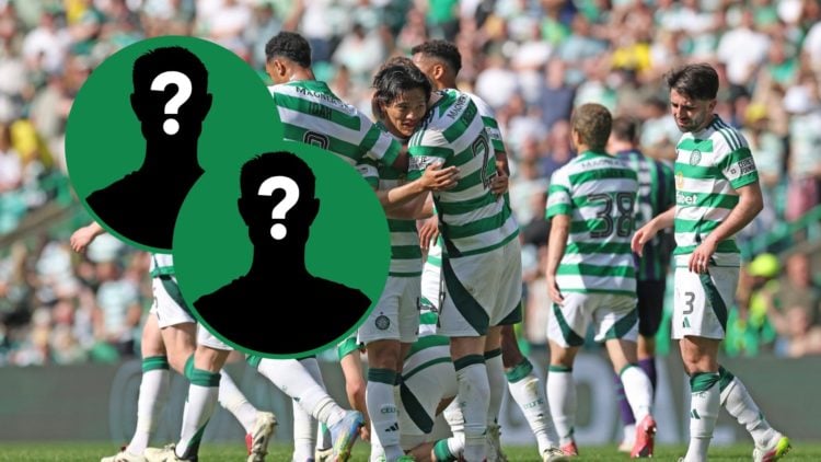 Reo Hatate celebrates a Celtic goal, insets of mystery men