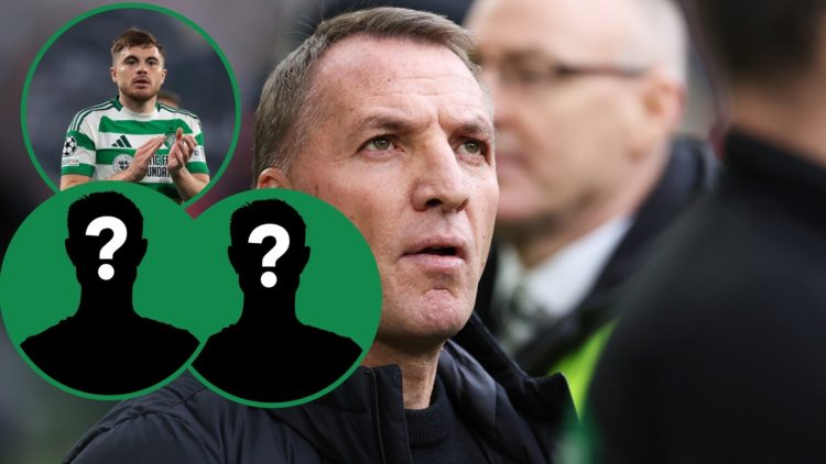 Brendan Rodgers watches on from the touchline during a Celtic game, James Forrest claps the Celtic fans, two insets of mystery figures