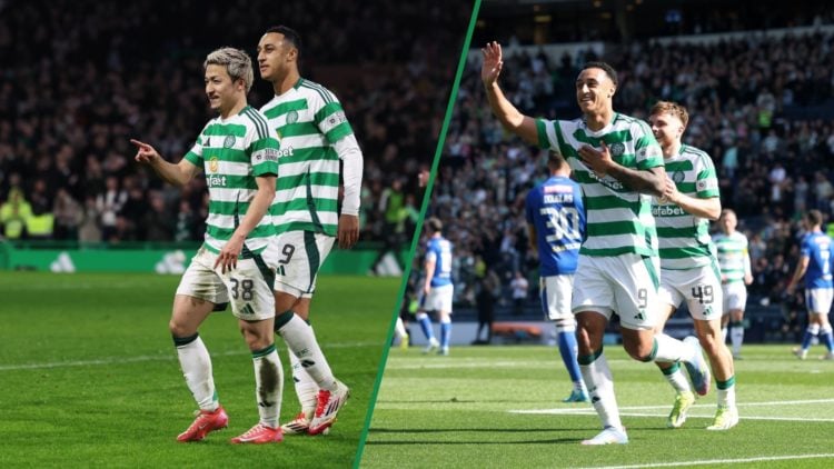 Adam Idah and Daizen Maeda celebrate a Celtic goal, Adam Idah celebrates with James Forrest in the Scottish Cup semi-final
