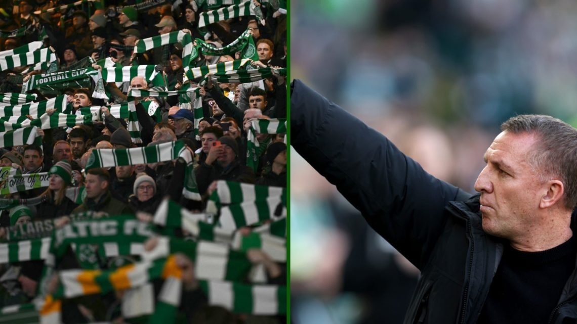 Two-way image of Brendan Rodgers celebrating a win with Celtic fans