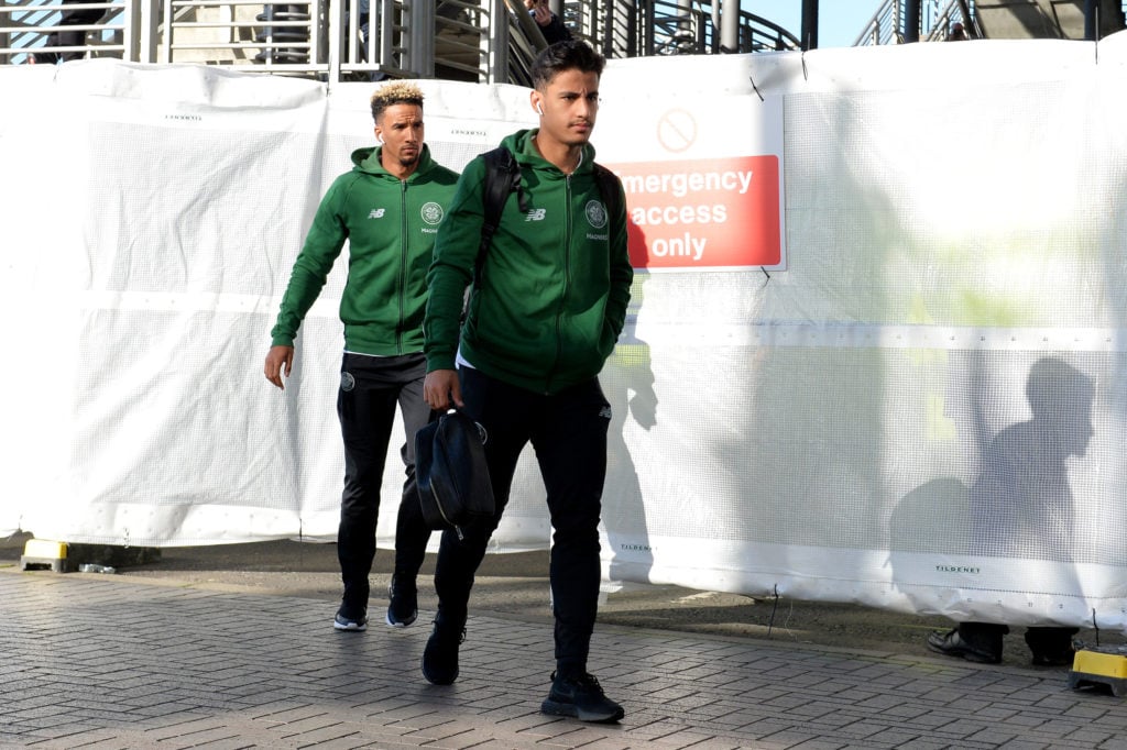 Daniel Arzani arrives with the Celtic squad for their game against Hearts