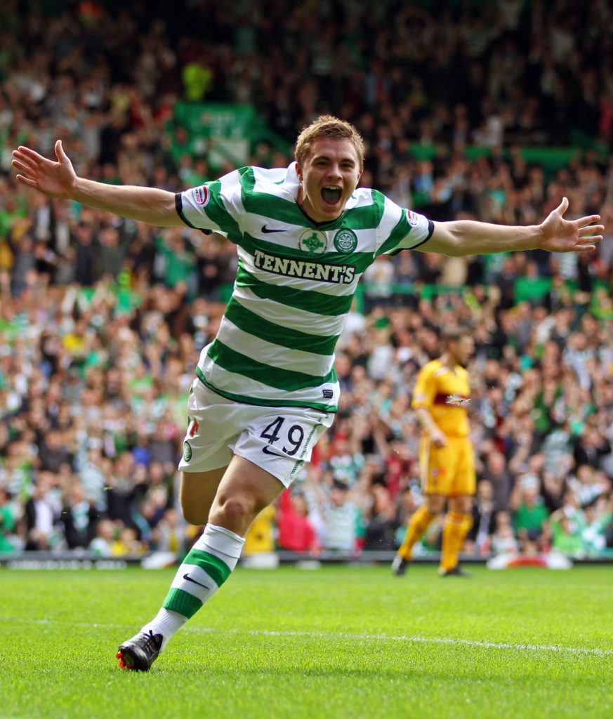 James Forrest of Celtic celebrates scoring his team's opening goal during the Clydesdale Bank Premier League match between Celtic and Motherwell at Celtic Park