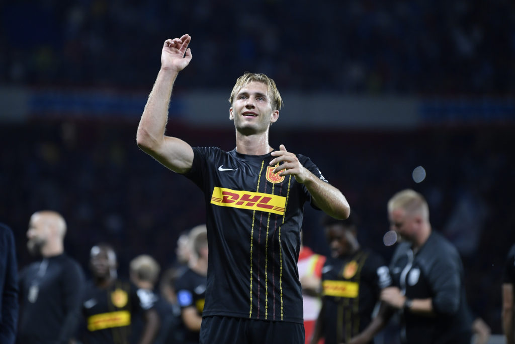Benjamin Nygren celebrates after the UEFA Europa Conference League Third Qualifying Round First Leg match between FCSB and FC Nordsjaelland