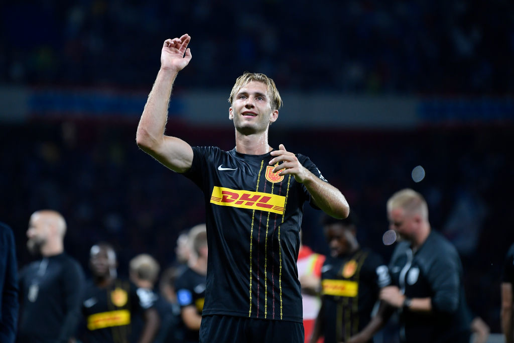 FC Nordsjaelland Benjamin Nygren celebrates after the UEFA Europa Conference League Third Qualifying Round First Leg match between FCSB and FC Nordsjaelland at Ghencea Stadium