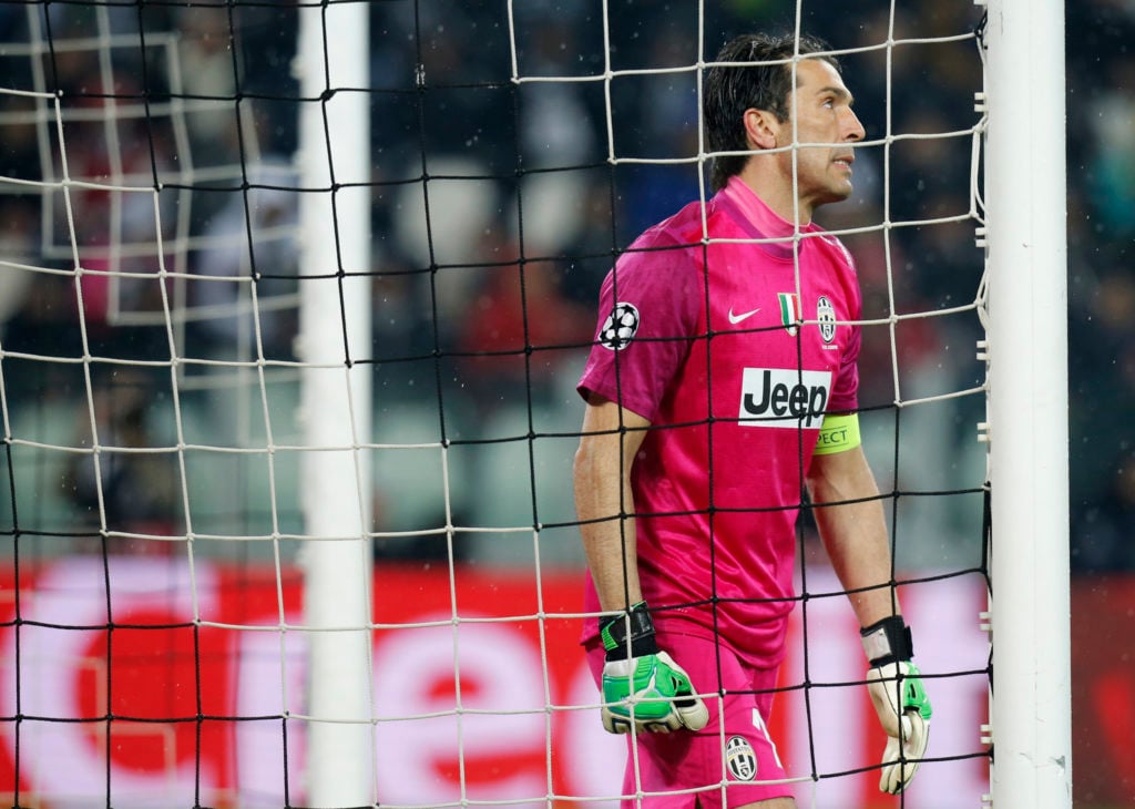 Gianluigi Buffon reacts to a decision made during Juventus vs Celtic