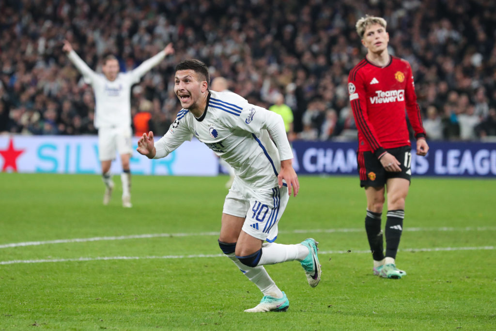 Roony Bardghji celebrates scoring for Copenhagen against Manchester United in the Champions League