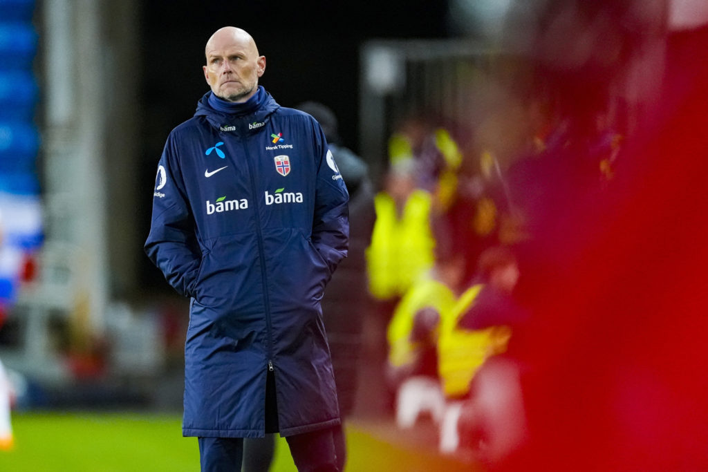 Norway's head coach Staale Solbakken looks on during his side's clash against Slovenia.