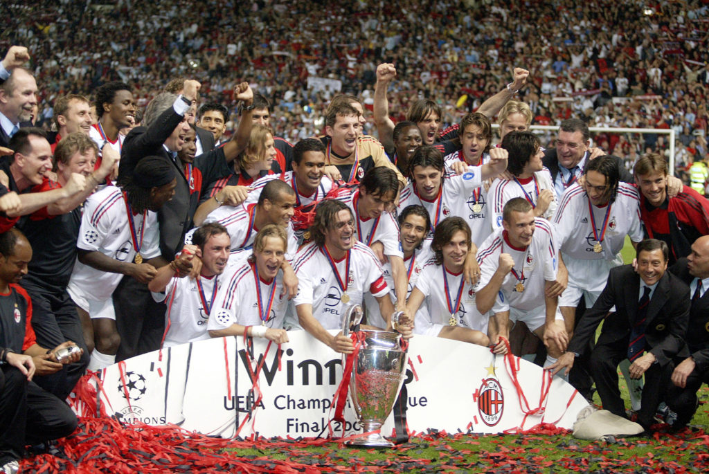 AC Milan lift the Champions League trophy in 2003 after beating Juventus in the final