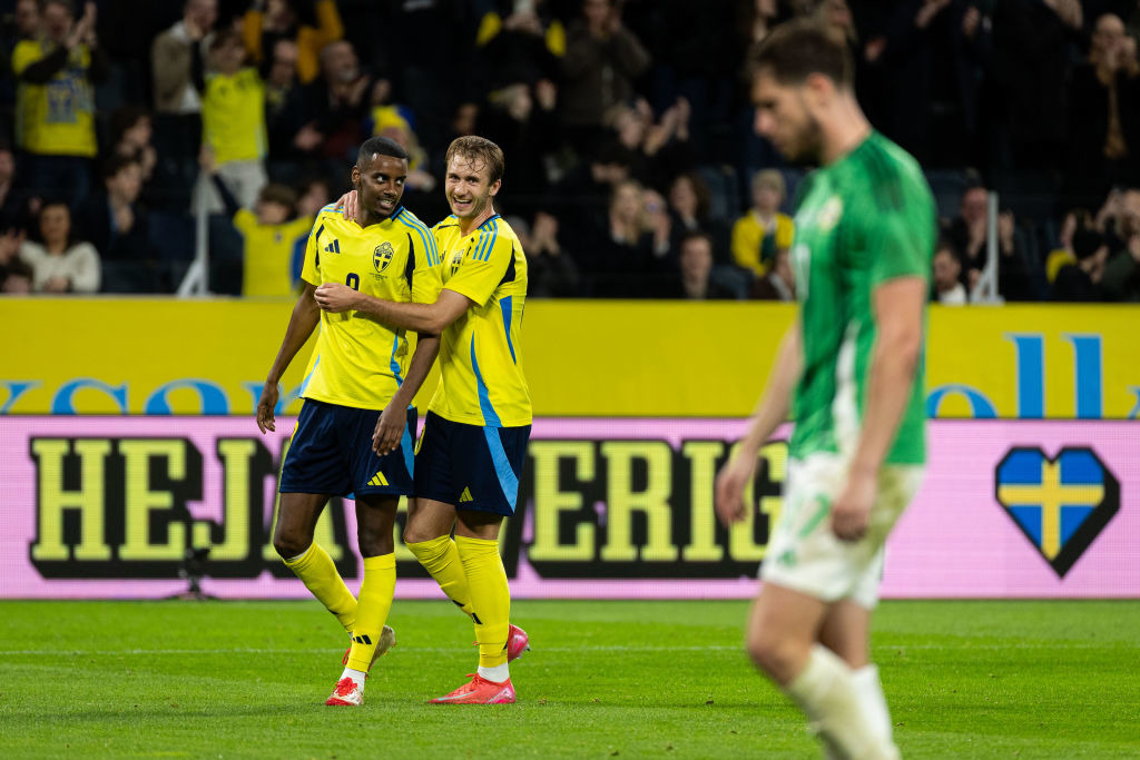 Alexander Isak of Sweden celebrates with teammate Benjamin Nygren after scoring 4-0 during the International Friendly match between Sweden and Northern Ireland at Strawberry Arena