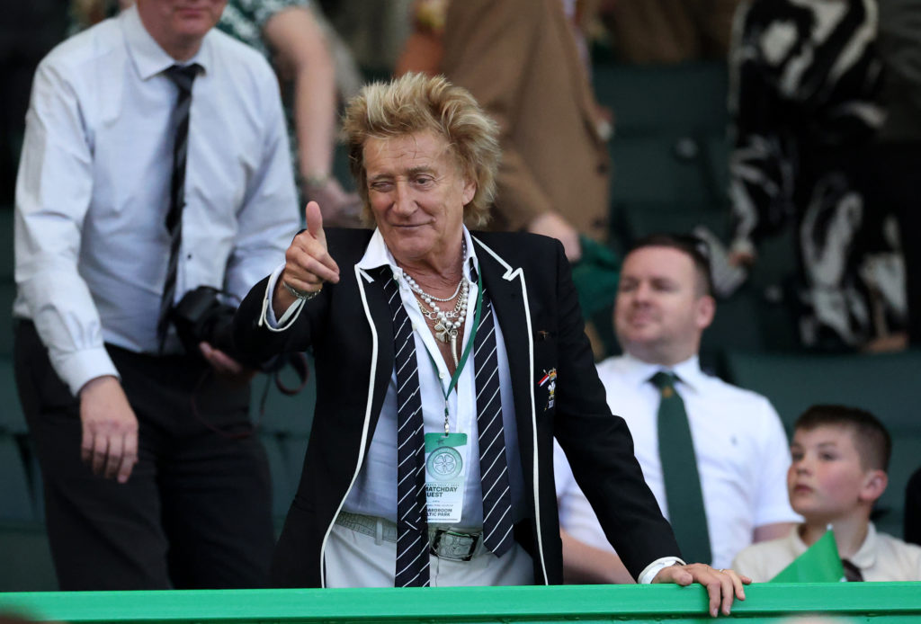 Rod Stewart acknowledges a fan in the crowd before Celtic vs St Mirren at Celtic Park