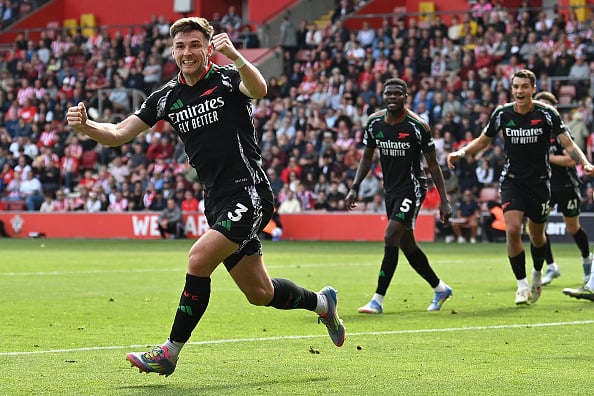 Arsenal's Scottish defender #03 Kieran Tierney celebrates after scoring a goal during the English Premier League football match between Southampton and Arsenal at St Mary's Stadium