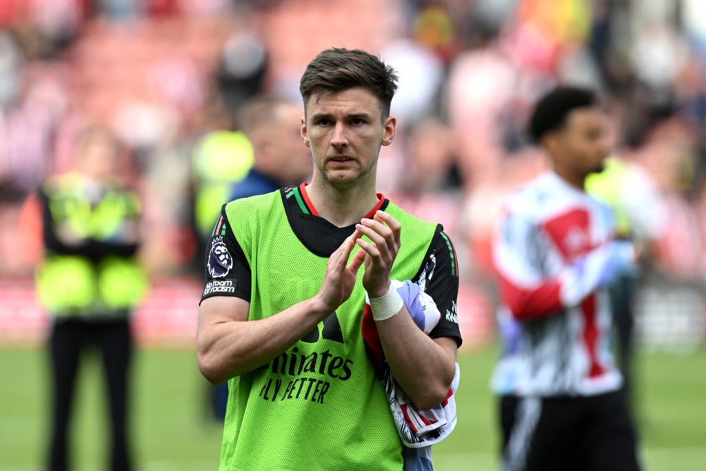 Kieran Tierney of Arsenal acknowlegdes the fans, after his final appearance in the teams 2-1 victory during the Premier League match between Southampton FC and Arsenal FC at St Mary's Stadium