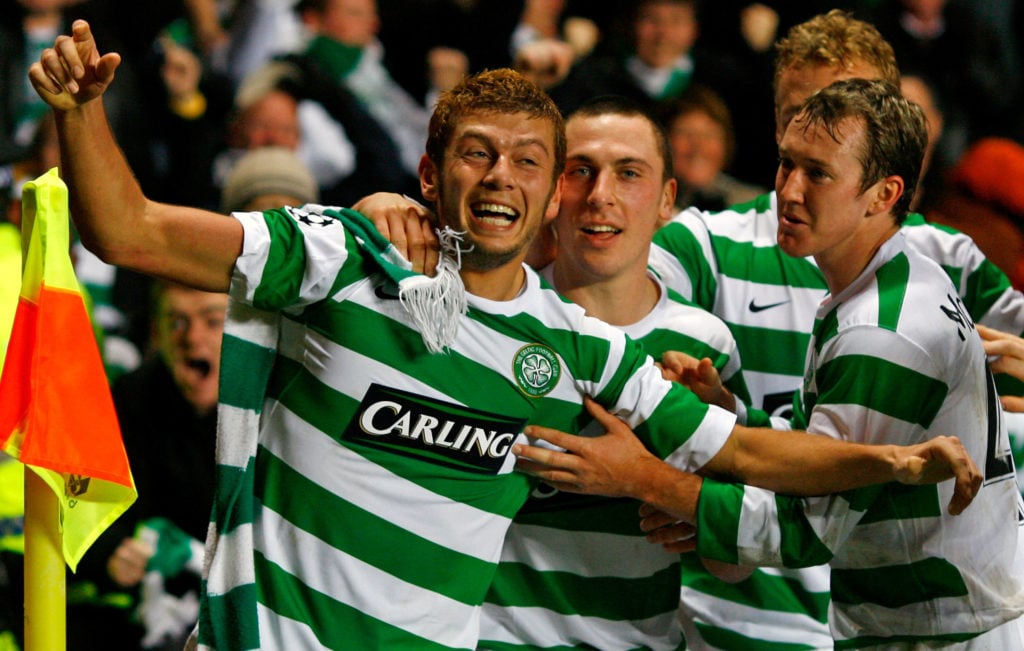 Massimo Donati of Celtic celebrates after scoring during the UEFA Champions League match between Celtic and Shakhtar Donetsk