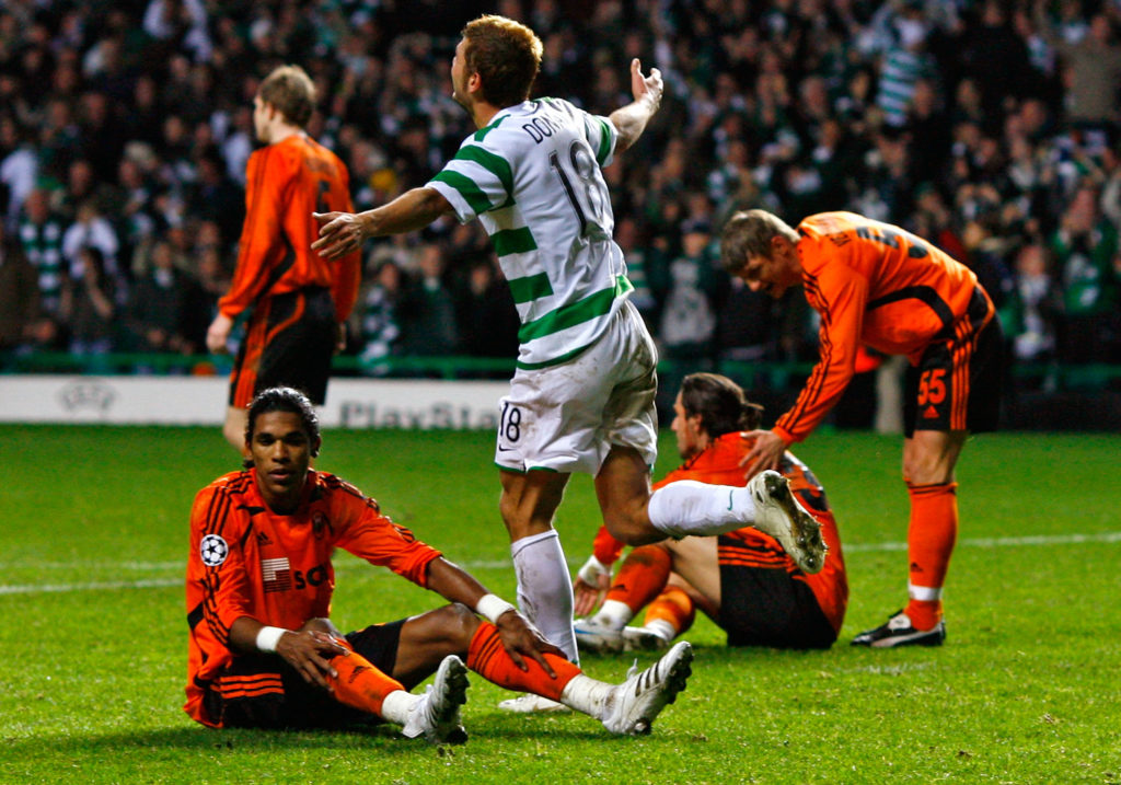 Massimo Donati of Celtic celebrates after scoring during the UEFA Champions League match between Celtic and Shakhtar Donetsk at Celtic Park