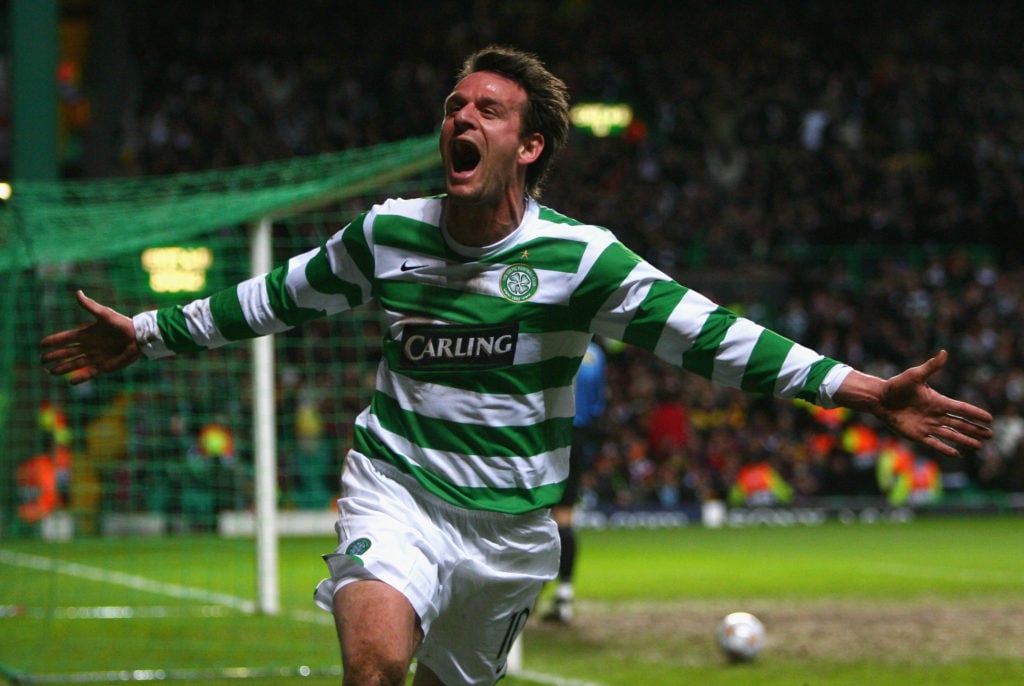Jan Vennegoor of Hesselink celebrates scoring for Celtic against Barcelona in the Champions League