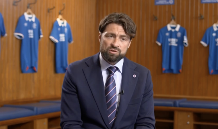 Russell Martin in the Rangers dressing room being interviewed by Sky Sports