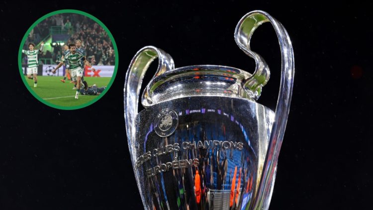 An image of the Champions League trophy on display, and an inset of Nicolas Kuhn scoring for Celtic against RB Leipzig in the Champions League.