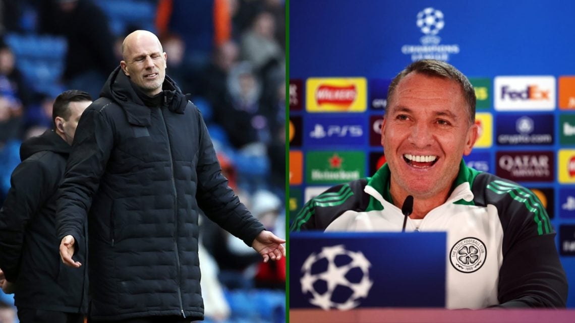 Split image of former Rangers boss Philippe Clement after a defeat by Celtic at Ibrox and Celtic boss Brendan Rodgers taking in a Champions League ...