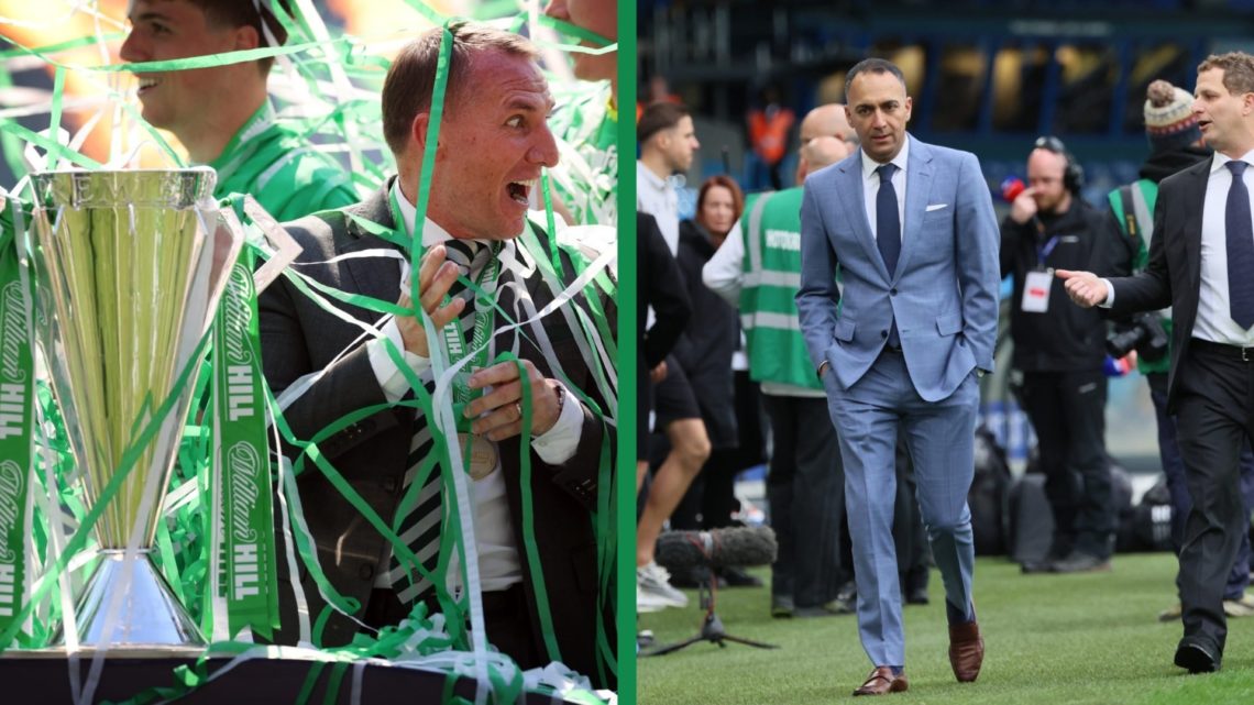 A split image of Brendan Rodgers celebrating the Premiership title with Celtic, and Rangers new investor Paraag Marathe at Leeds United's Elland Road.