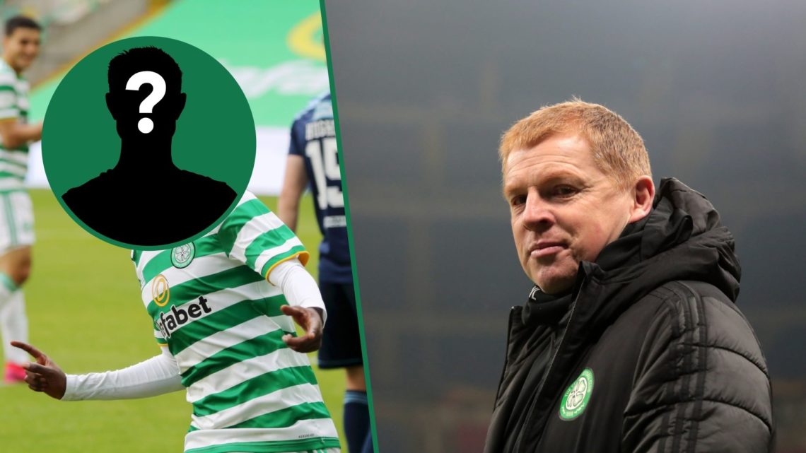 Jeremie Frimpong celebrates his goal for Celtic against Hamilton, an inset of a mystery player, Neil Lennon watches on from the touchline during Ce...