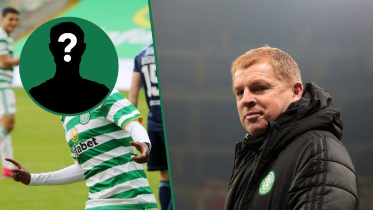 Jeremie Frimpong celebrates his goal for Celtic against Hamilton, an inset of a mystery player, Neil Lennon watches on from the touchline during Ce...