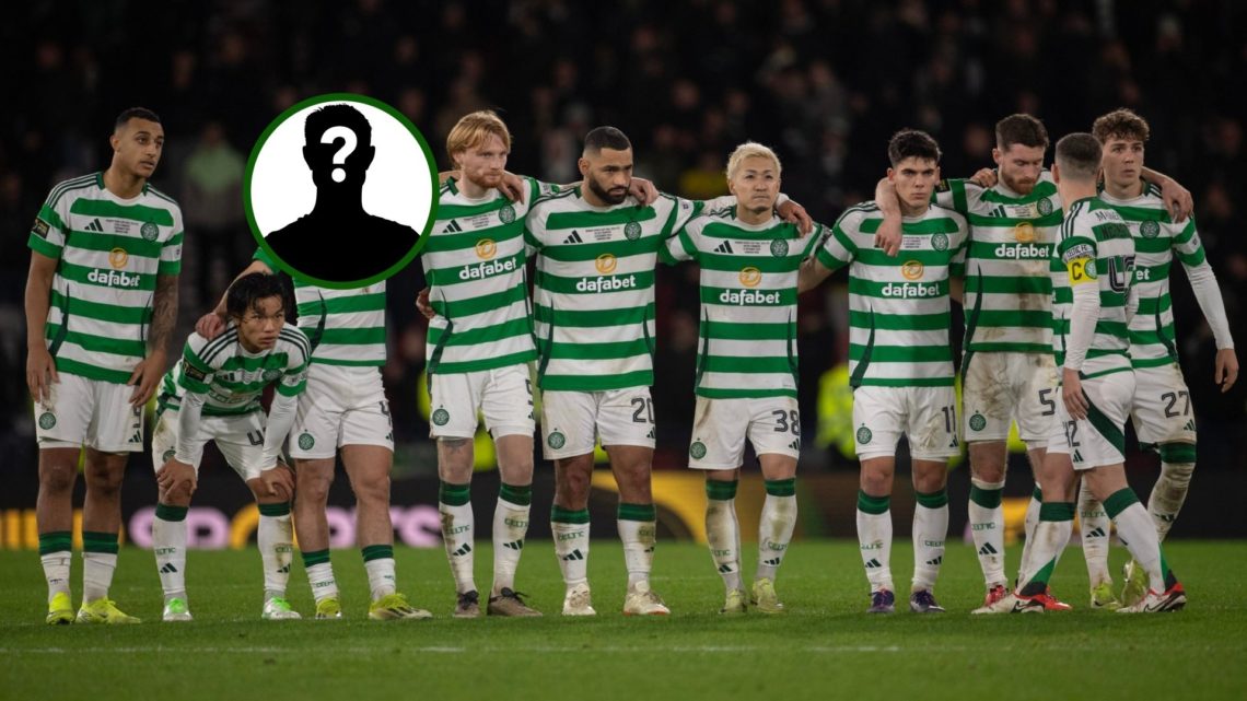 Image of Celtic players huddled up with James Forrest as they beat Rangers in the League Cup final at Hampden on penalties.
