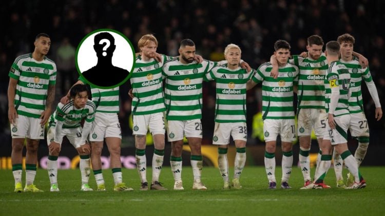 Image of Celtic players huddled up with James Forrest as they beat Rangers in the League Cup final at Hampden on penalties.