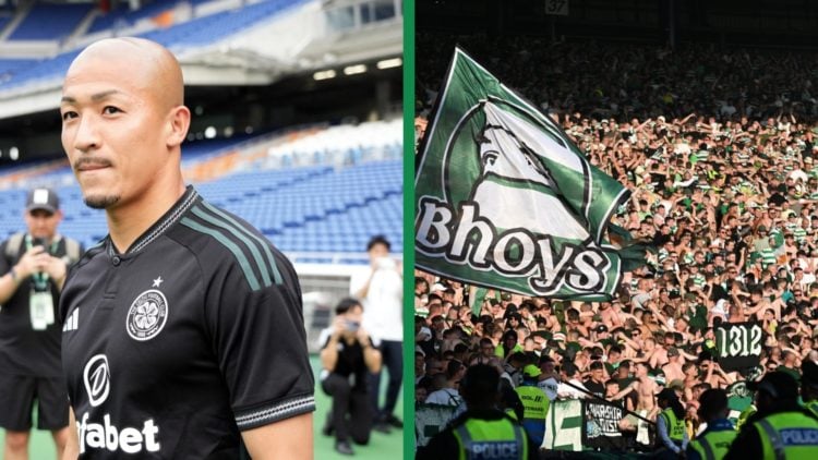 A split image of Celtic forward Daizen Maeda in Japan, and the Celtic fans waving a flag.