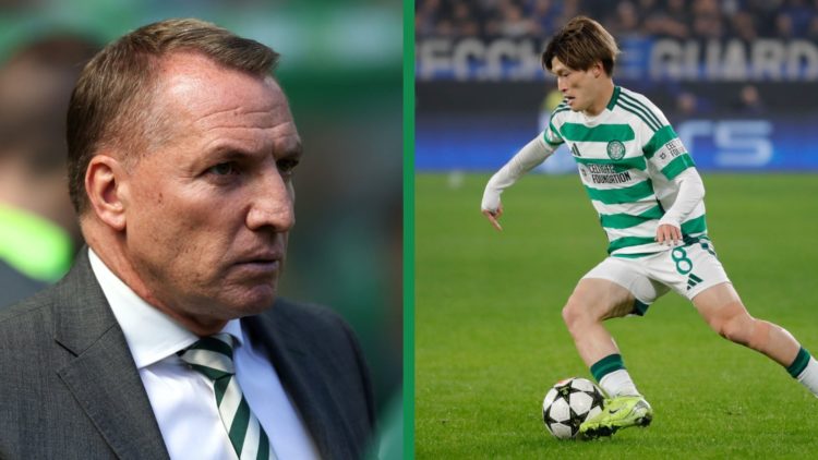 A split image of Celtic manager Brendan Rodgers, and Kyogo Furuhashi in action for Celtic against Atalanta in the Champions League.