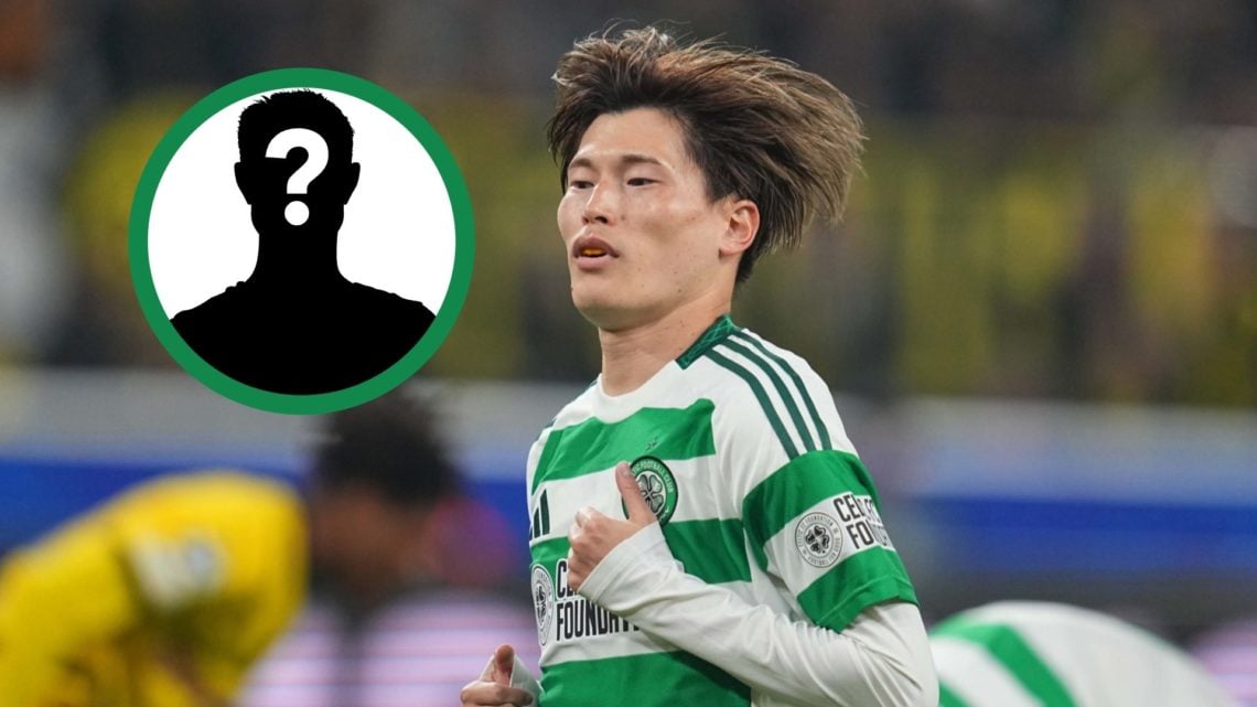 Kyogo Furuhashi in action for Celtic against Borussia Dortmund in the Champions League, including an inset of a mystery player.