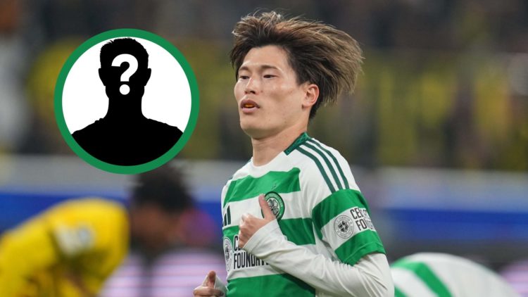 Kyogo Furuhashi in action for Celtic against Borussia Dortmund in the Champions League, including an inset of a mystery player.