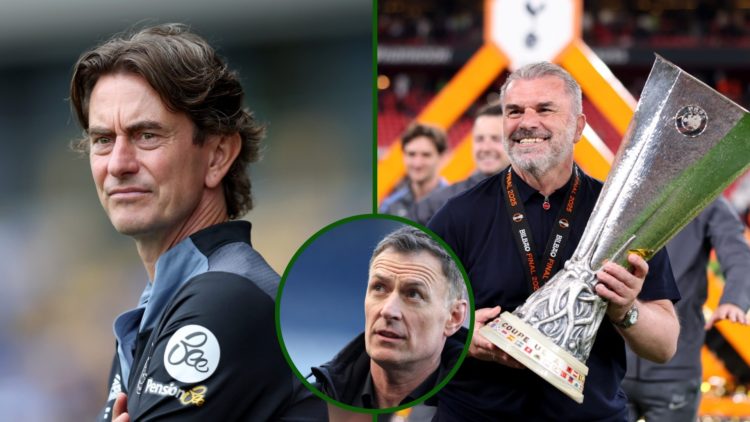 Split image of Ange Postecoglou holding the Europa League Cup as Tottenham boss and Brentford manager Thomas Frank with an overlay of Celtic hero C...
