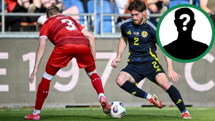 Celtic defender Anthony Ralston in action for Scotland against Liechtenstein, including an inset of a mystery player.
