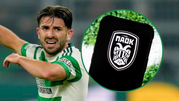 Greg Taylor playing for Celtic in Champions League left and PAOK badge displayed on mobile phone inset right