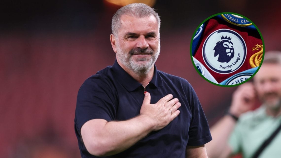 Image of former Celtic manager Ange Postecoglou after winning the Europa League with Tottenham Hotspur with an overlay of the English Premier Leagu...