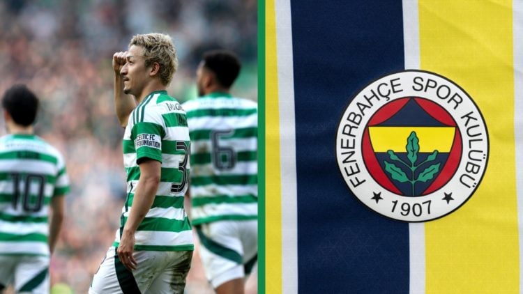 A split image of Daizen Maeda in action for Celtic, including a close-up of Fenerbahce's badge.