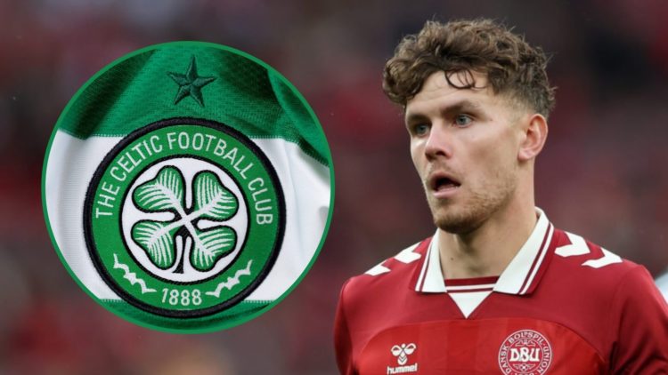 Mathias Kvistgaarden playing for Denmark right and Celtic badge shown on 2024/24 home shirt left inset