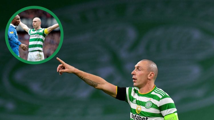 An image of Scott Brown in action for Celtic in the Champions League, including an inset of Brown celebrating in front of El Hadji Diouf after scor...