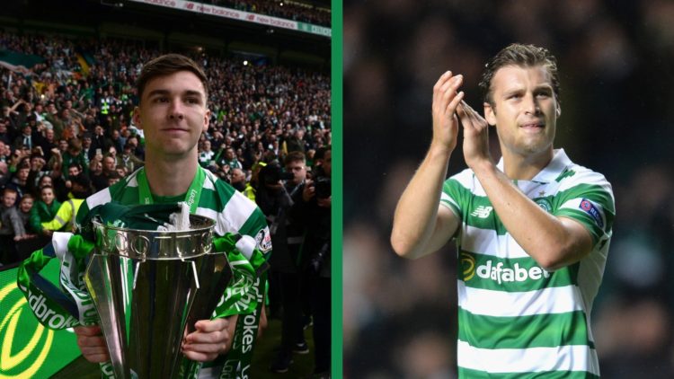 A split image of Kieran Tierney posing with the Premiership title at Celtic, and Erik Sviatchenko in action for Celtic against Manchester City.