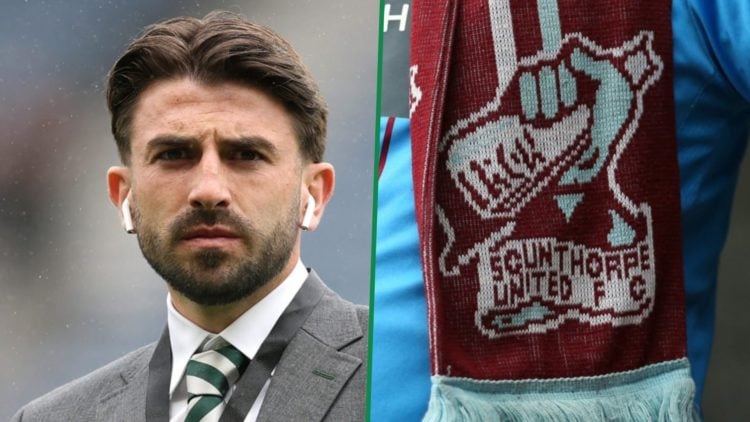 Celtic's Greg Taylor in a grey suit at Hampden Park left and Scunthorpe United badge shown on a fan's scarf right