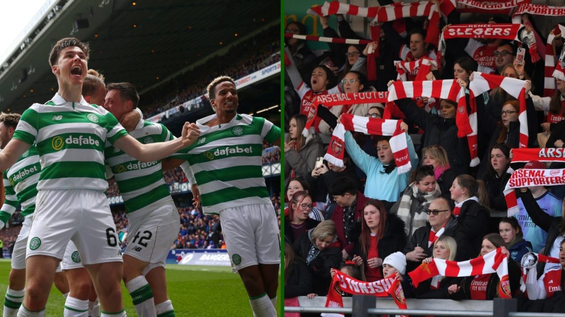 Split image of Celtic defender Kieran Tierney celebrating a goal for Celtic and Arsenal fans cheering their former hero.