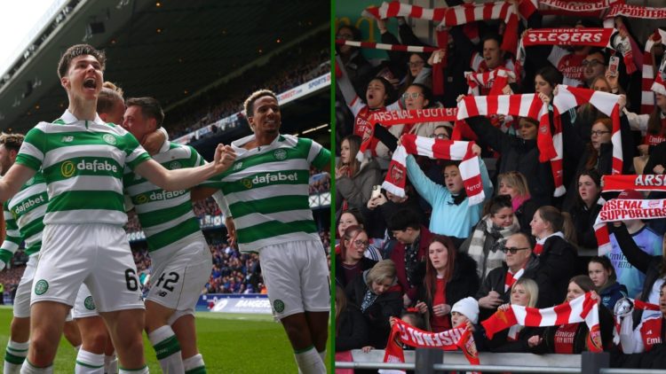 Split image of Celtic defender Kieran Tierney celebrating a goal for Celtic and Arsenal fans cheering their former hero.