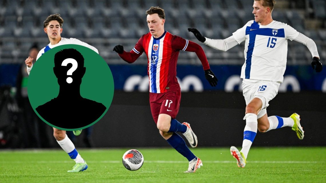 Sondre Orjasaeter in action for Norway during a Euro U21s qualifier against Finland, inset of a mystery man