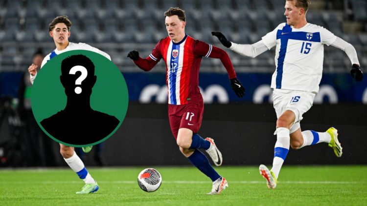 Sondre Orjasaeter in action for Norway during a Euro U21s qualifier against Finland, inset of a mystery man