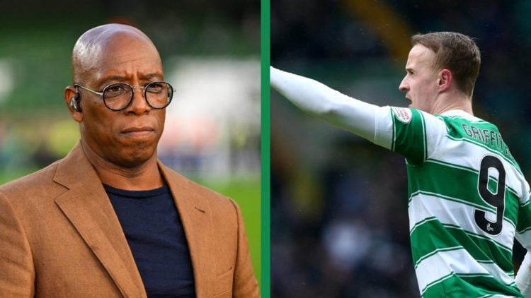A split image of Ian Wright on punditry duty for ITV Sport, and Leigh Griffiths scoring for Celtic against Ross County.